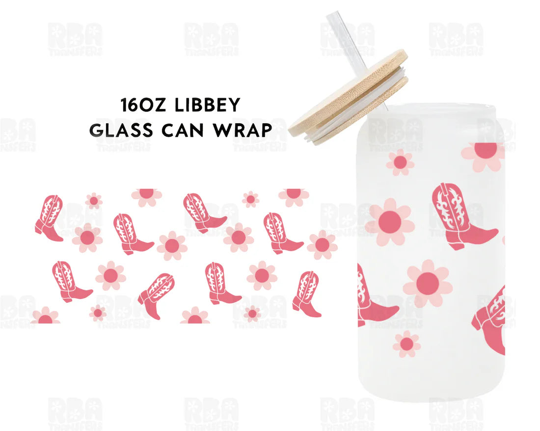 Pink Cowboy Boots & Flowers Iced Coffee Glass