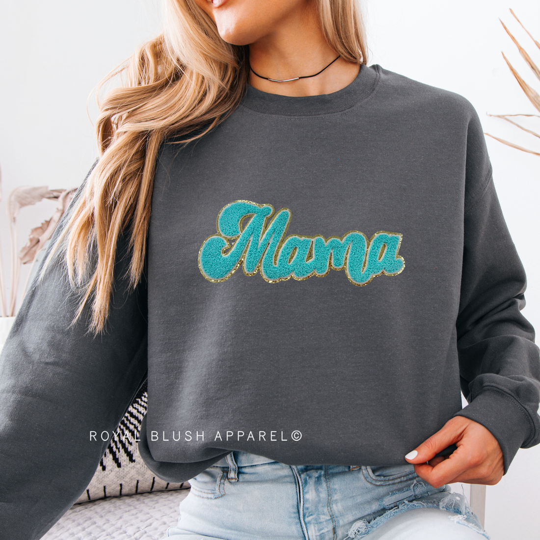 Teal Mama chenille patch sweatshirt