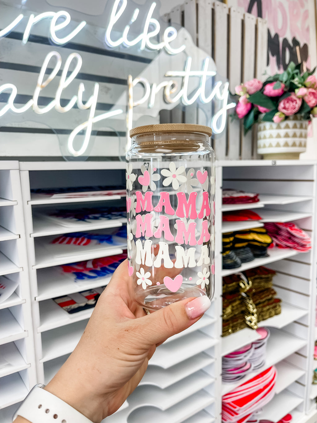 Mama Flowers glass iced coffee cup with bamboo lid and glass straw