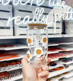 Flower Power glass iced coffee cup with bamboo lid and glass straw