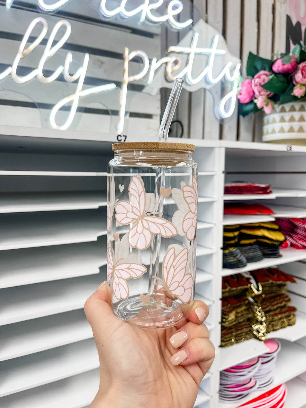 Butterfly glass iced coffee cup with bamboo lid and glass straw