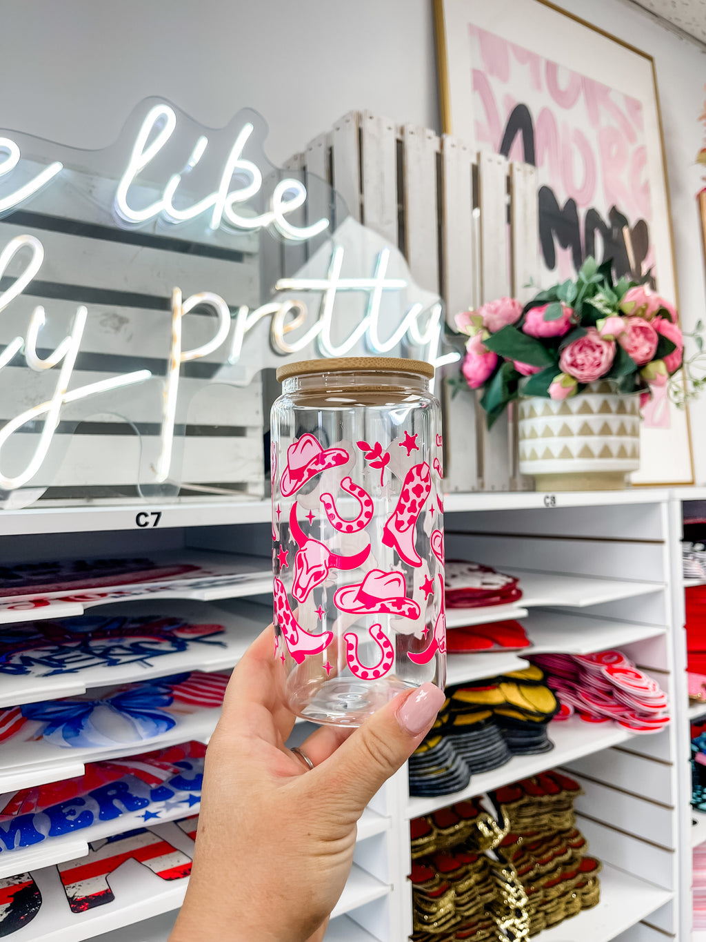 Cowgirl glass iced coffee cup with bamboo lid and glass straw