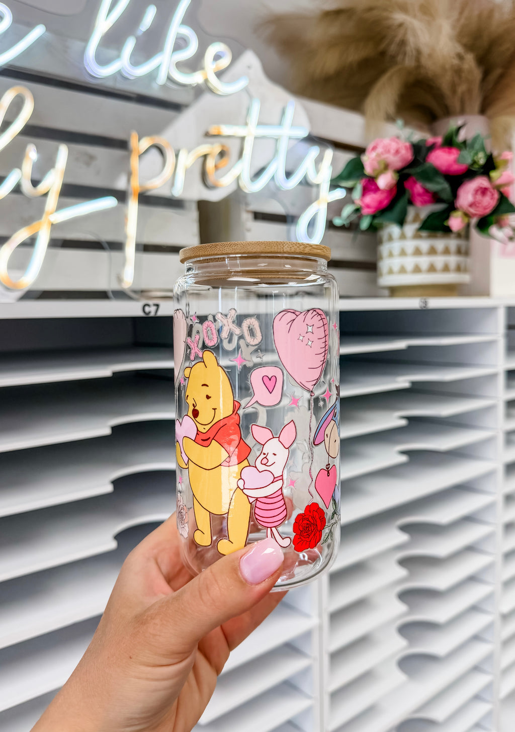 XOXO glass iced coffee cup with bamboo lid and glass straw