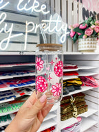 Disco Flowers glass iced coffee cup with bamboo lid and glass straw