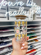 Teacher Pencil Bows glass iced coffee cup with bamboo lid and glass straw