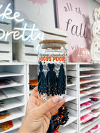It's Just A Bunch Of Hocus Pocus glass iced coffee cup with bamboo lid and glass straw