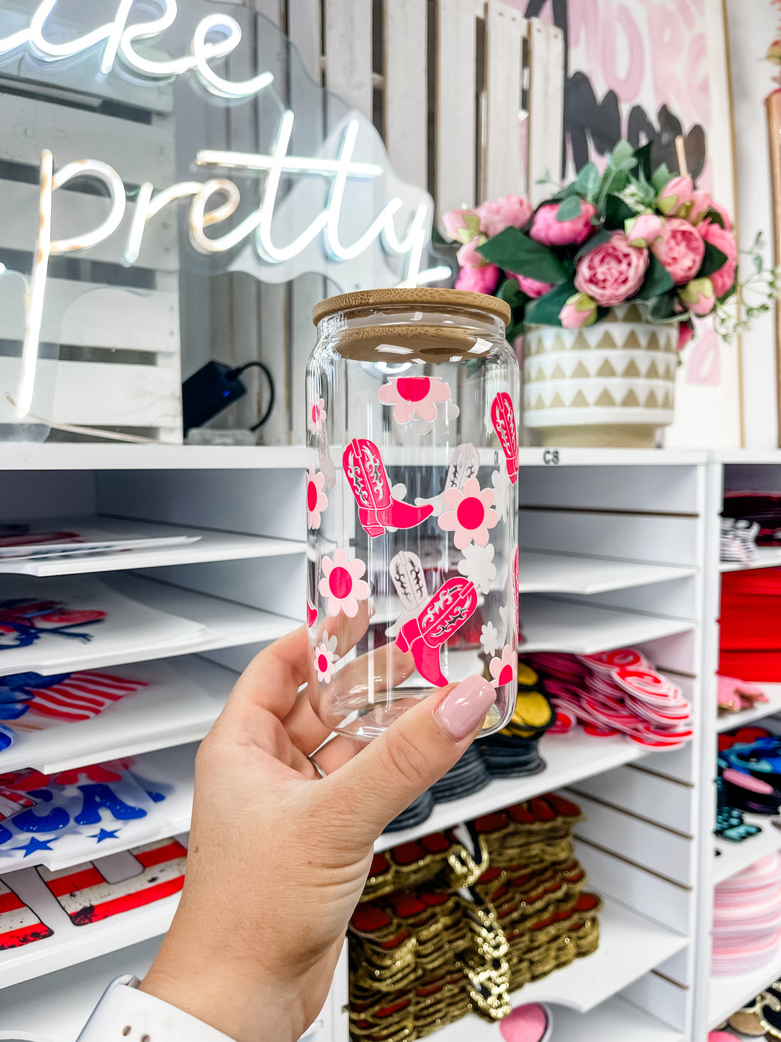 Pink Cowboy Boots & Flowers Iced Coffee Glass