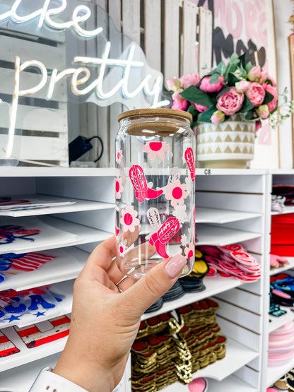 Pink Cowboy Boots &amp; Flowers Iced Coffee Glass
