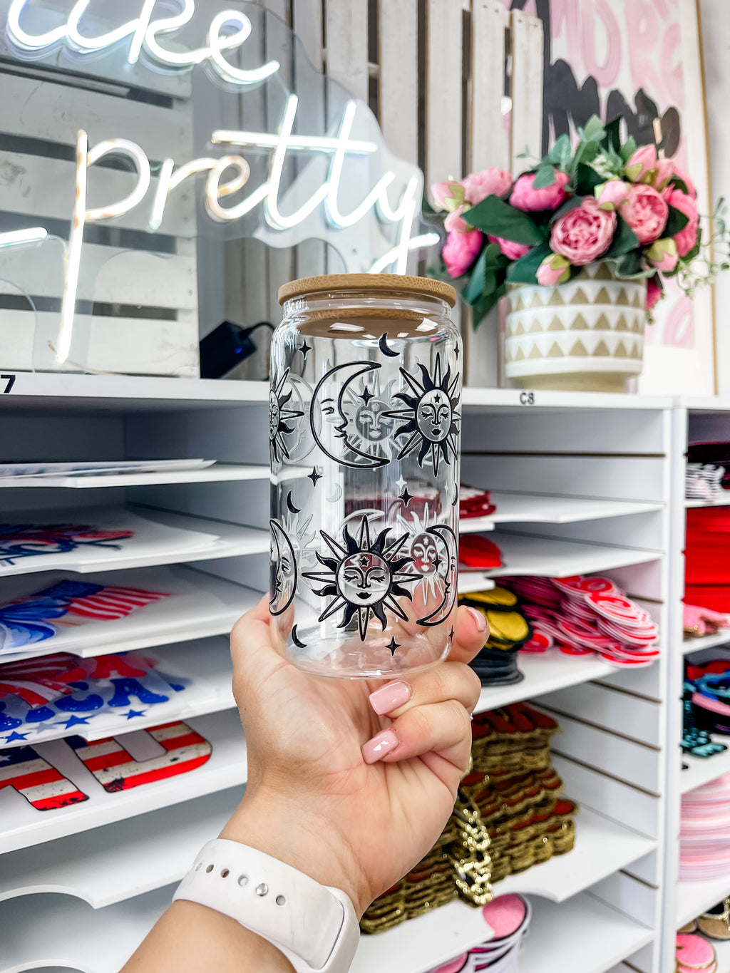Celestial glass iced coffee cup with bamboo lid and glass straw