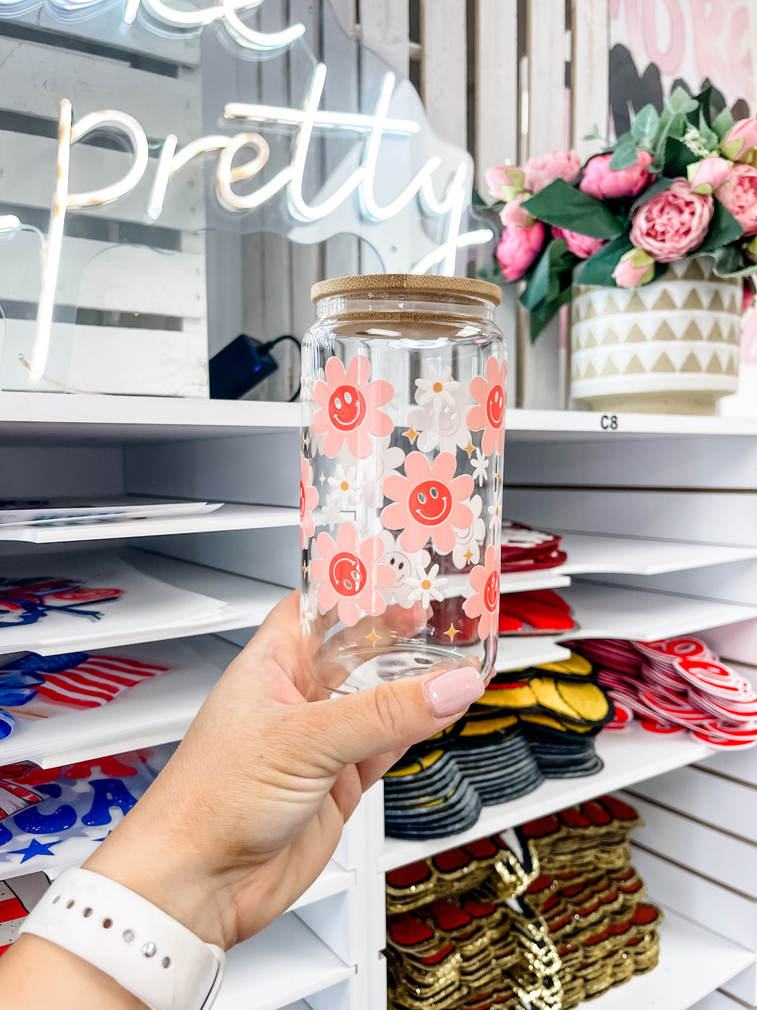 Pink Smiley Flowers Iced Coffee Glass