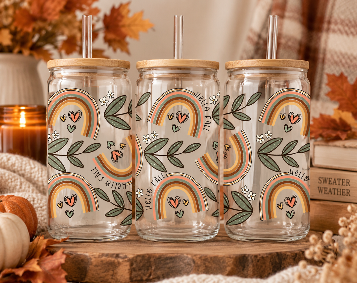 Hello Fall Rainbow Iced Coffee Glass