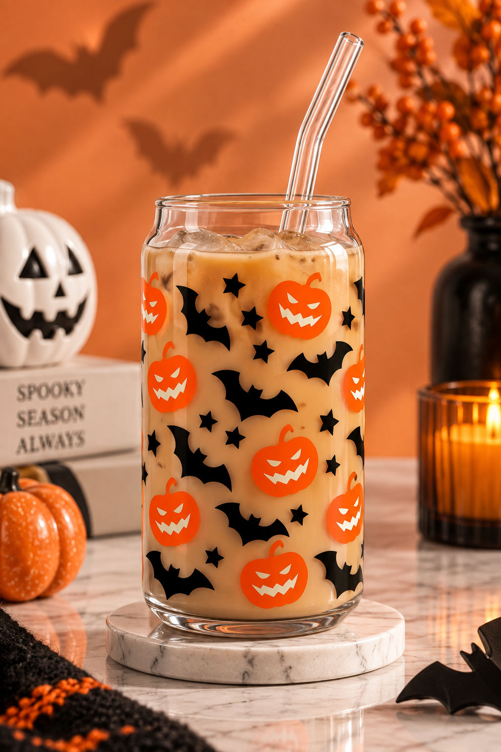 Orange Pumpkins & Bats Iced Coffee Glass