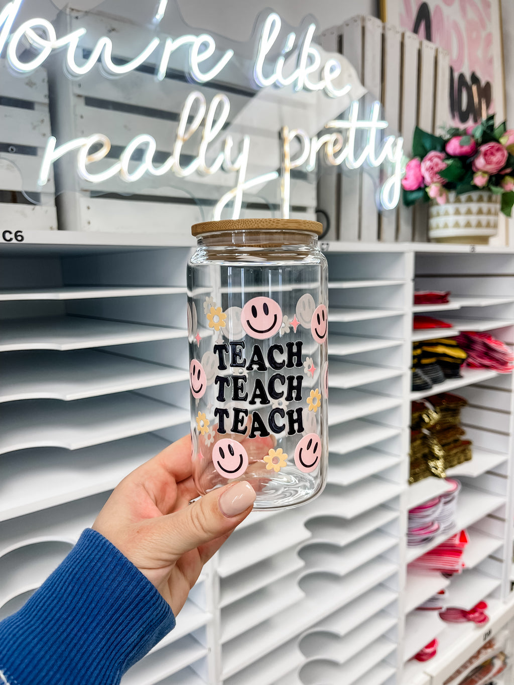 Smiley Teach glass iced coffee cup with bamboo lid and glass straw