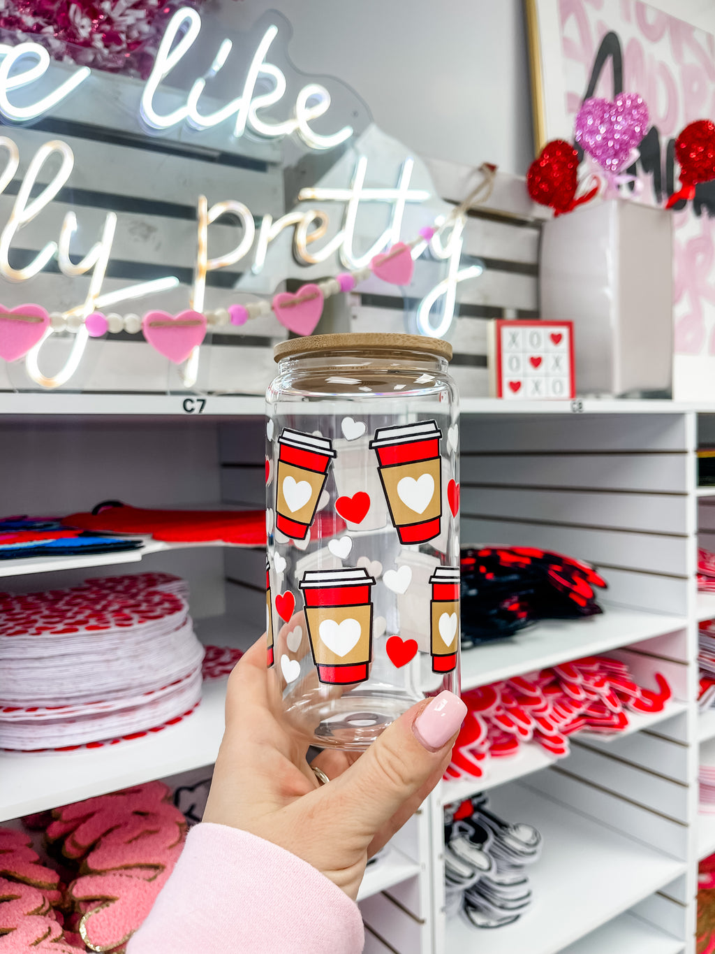 Red Cup Hearts glass iced coffee cup with bamboo lid and glass straw