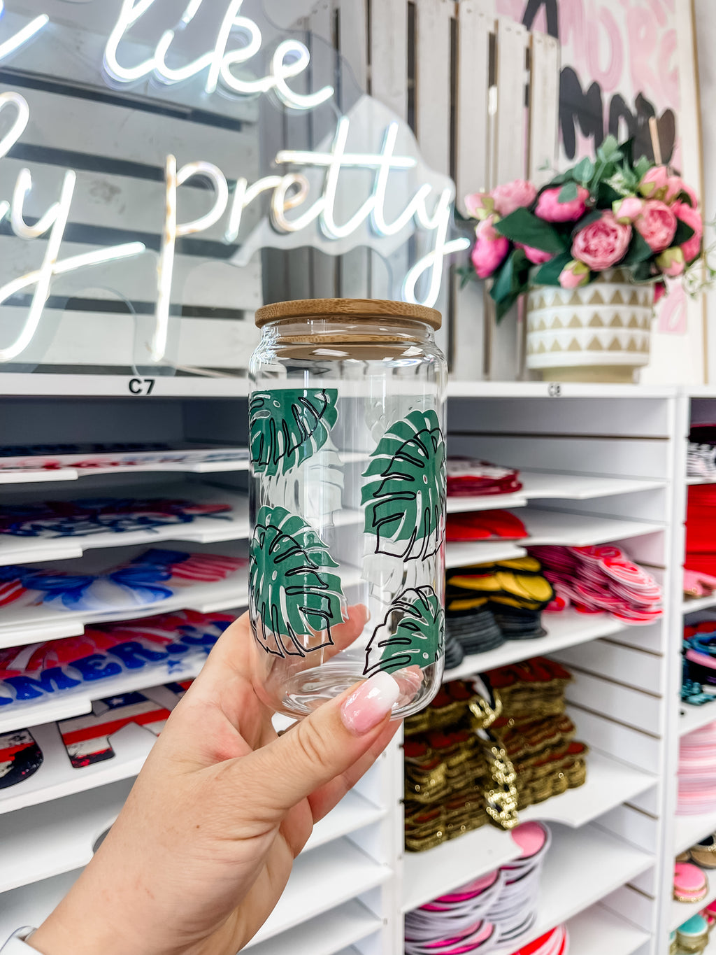 Monstera glass iced coffee cup with bamboo lid and glass straw