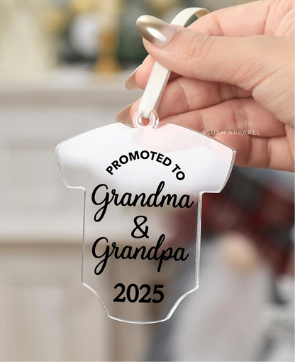 Promoted To Grandma &amp; Grandpa 2025/2026 Acrylic Baby Onesie Ornament