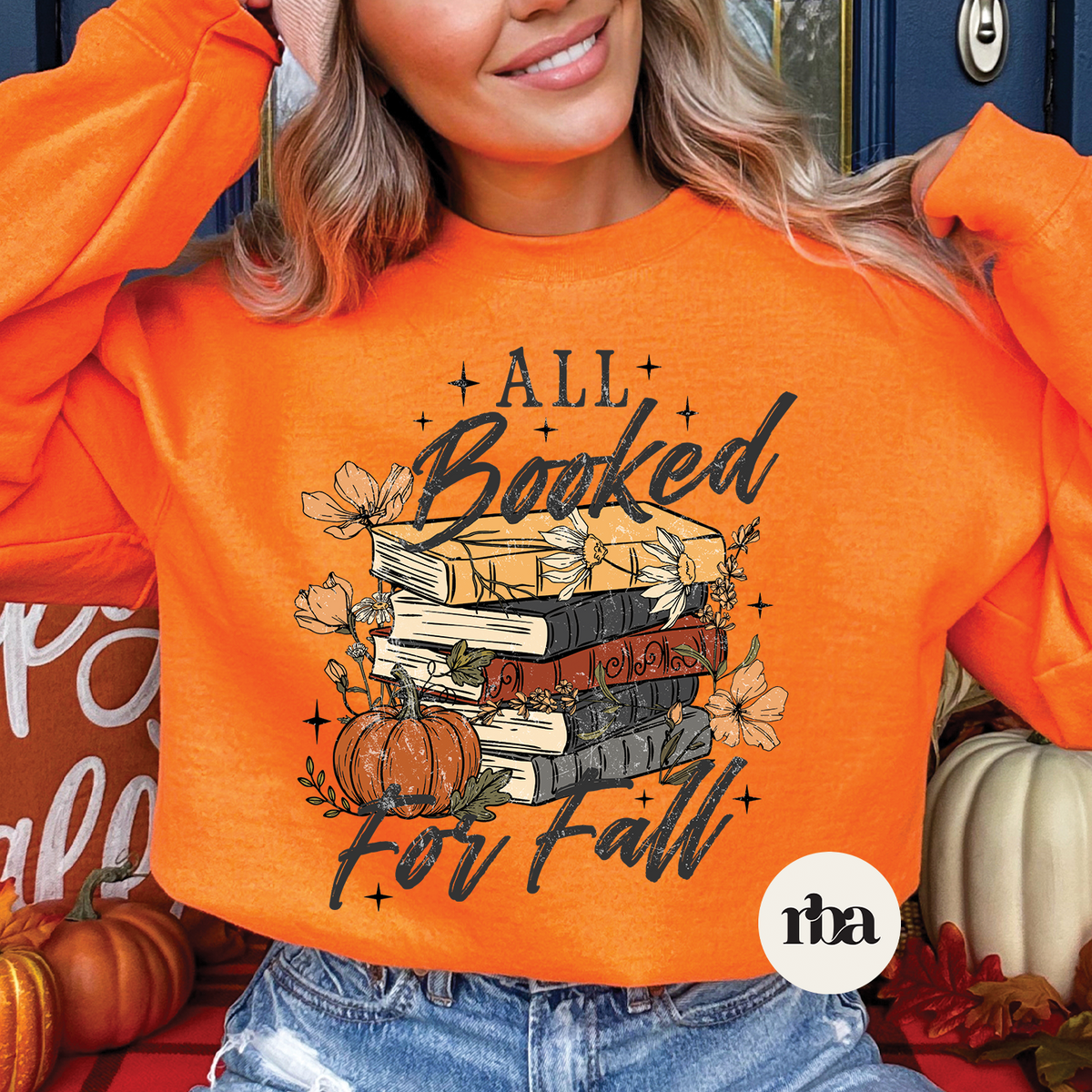 All Booked For Fall Sweatshirt mockup.