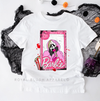 Barbie Scream Face Halloween graphic T-shirt mockup.