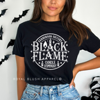 Circle Black Flame Halloween graphic T-shirt mockup.