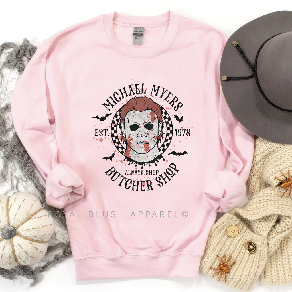 Michael Myers Butcher Shop Sweatshirt Halloween graphic Sweatshirt mockup.