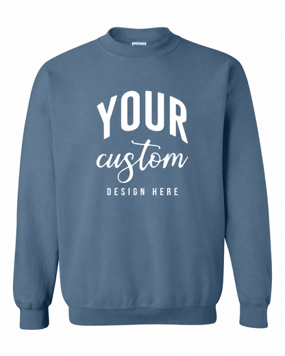 Custom Indigo Blue Gildan 18000 unisex crewneck sweatshirt with Your Custom Design Here print