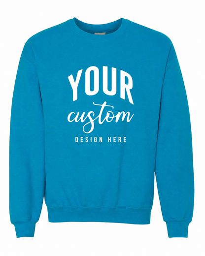 Custom Sapphire Blue Gildan 18000 unisex crewneck sweatshirt with Your Custom Design Here print