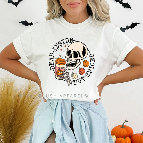 Dead Inside But Spiced fall graphic T-shirt mockup