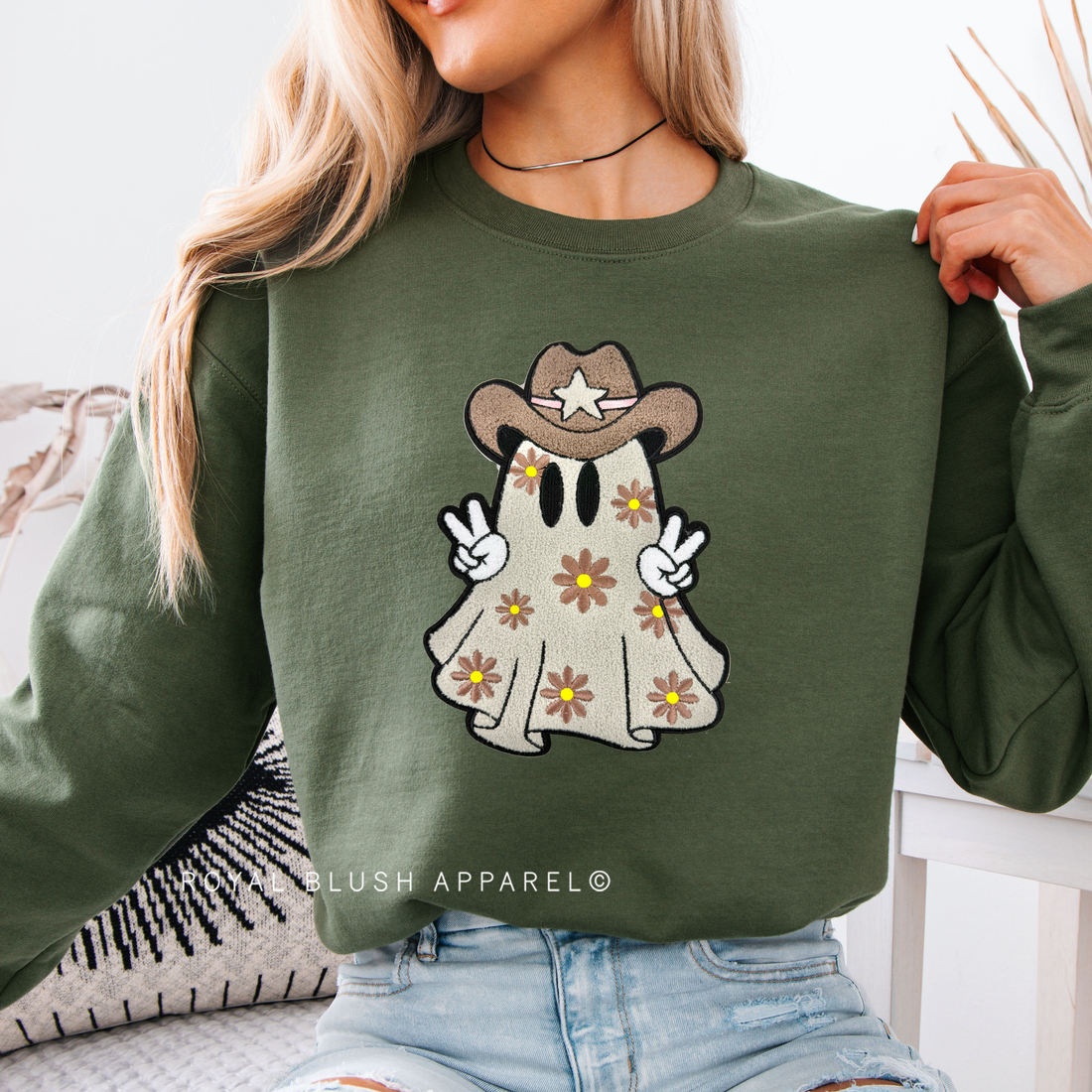 Floral Ghost Halloween chenille patch sweatshirt