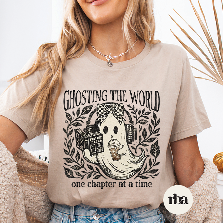 Ghosting The World One Chapter At A Time Halloween graphic T-shirt mockup.