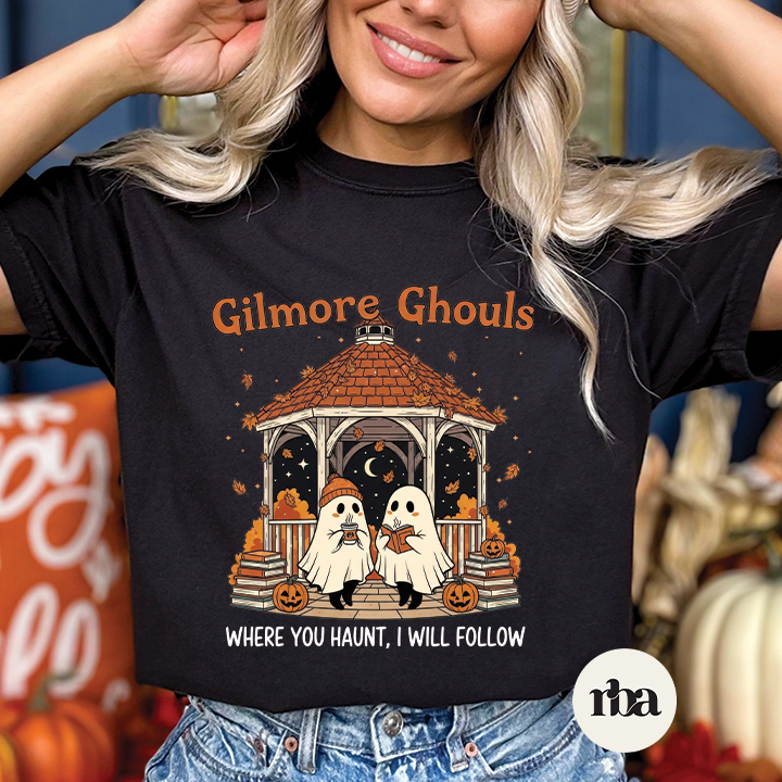 Gilmore Ghouls Halloween graphic T-shirt mockup.