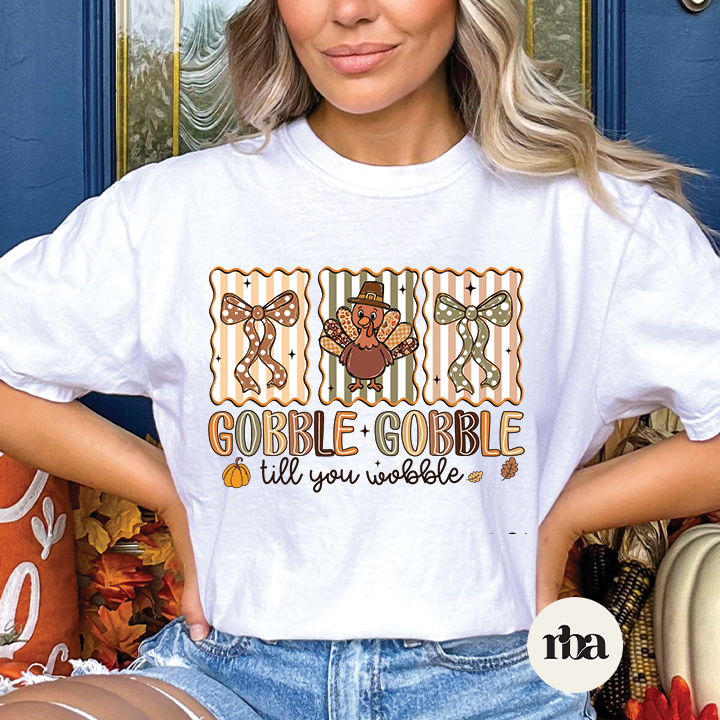 Gobble Gobble fall graphic T-shirt mockup.