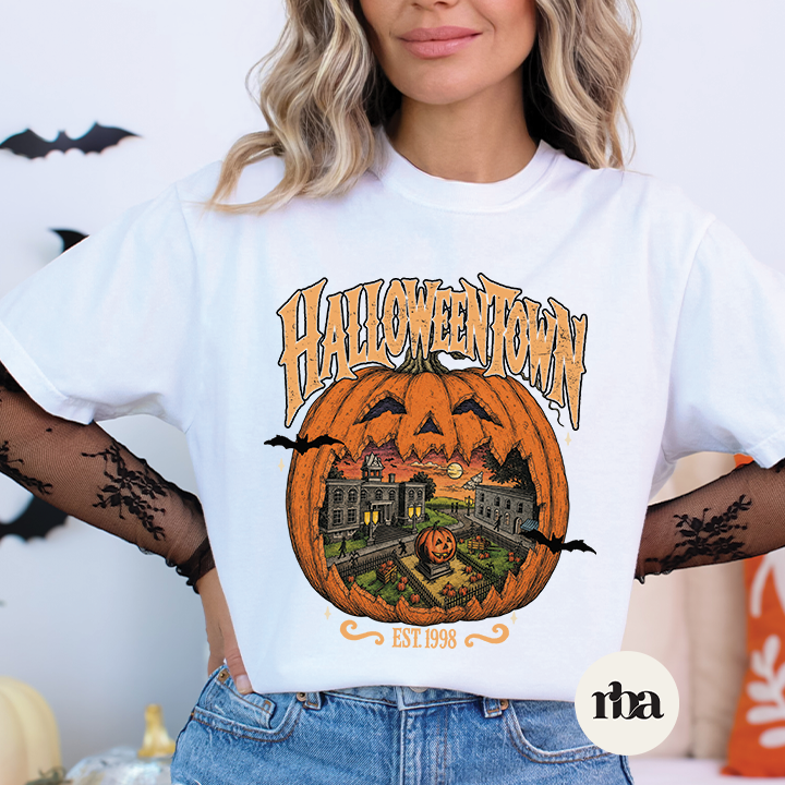 Halloweentown Pumpkin Halloween graphic T-shirt mockup.