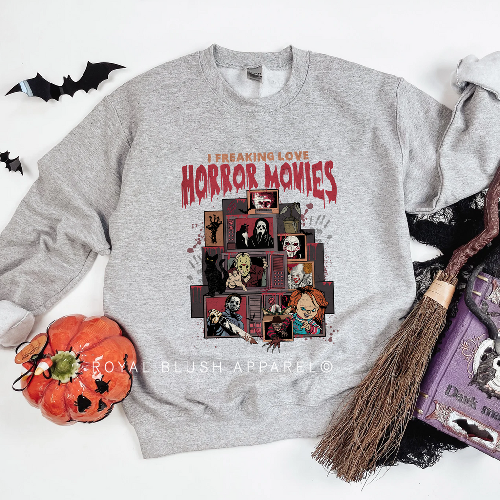 I Freaking Love Horror Movies Sweatshirt Halloween graphic Sweatshirt mockup.