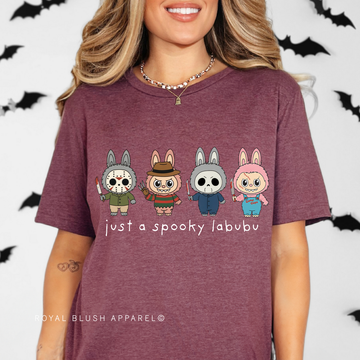 Just A Spooky Labubu Halloween graphic T-shirt mockup.