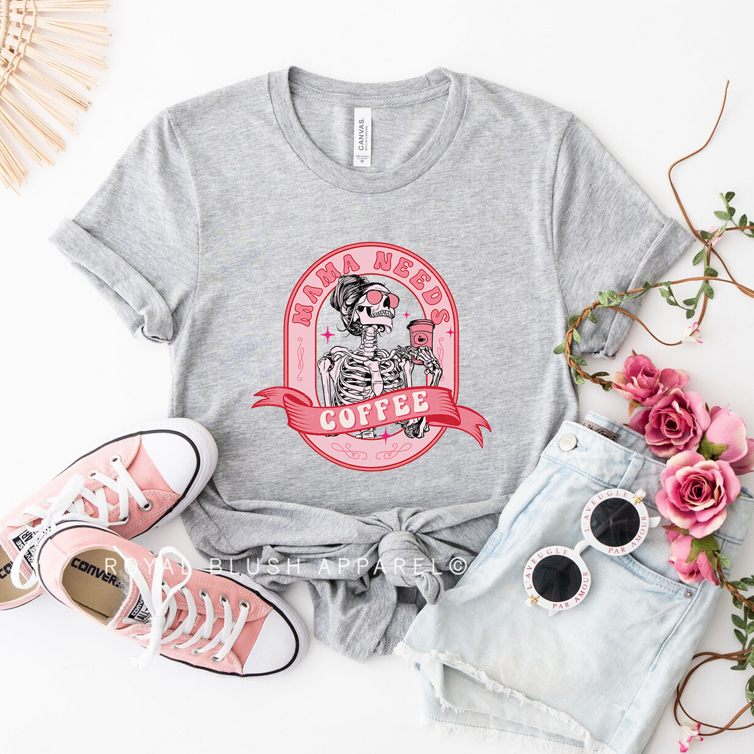 Pink Skeleton Mama Needs Coffee Relaxed Unisex T-shirt