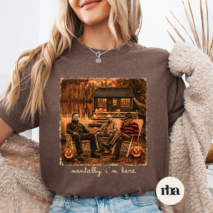 Mentally I'm Here Horror graphic T-shirt mockup.