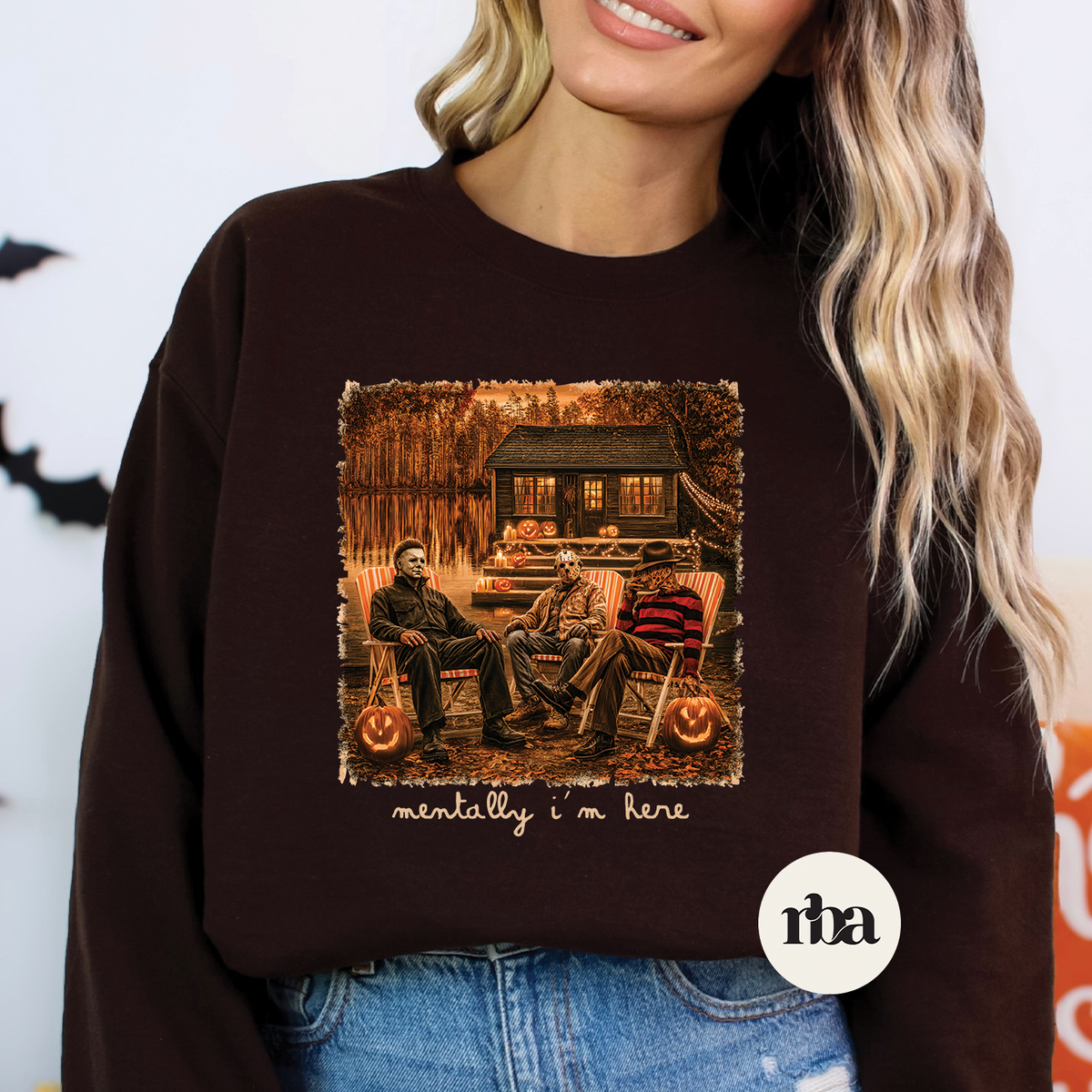 Horror Mentally I'm Here Sweatshirt mockup.