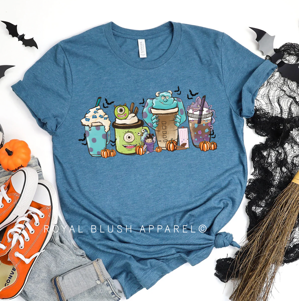 Monsters Coffee graphic T-shirt mockup.