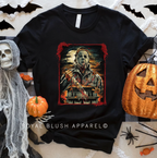 Myers Frame horror-icon graphic T-shirt mockup.