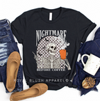 Checkered Nightmare Before Coffee Halloween graphic T-shirt mockup.