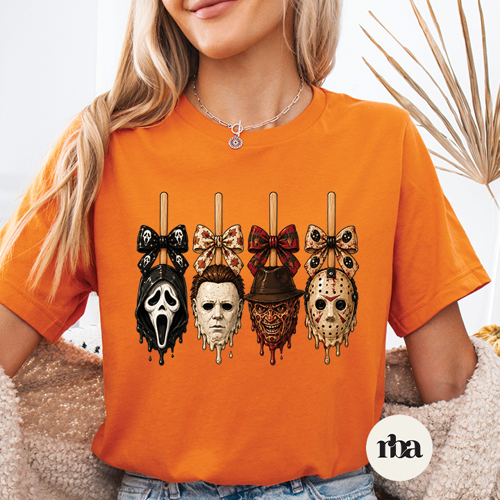 Horror Popsicle Heads Halloween graphic T-shirt mockup.