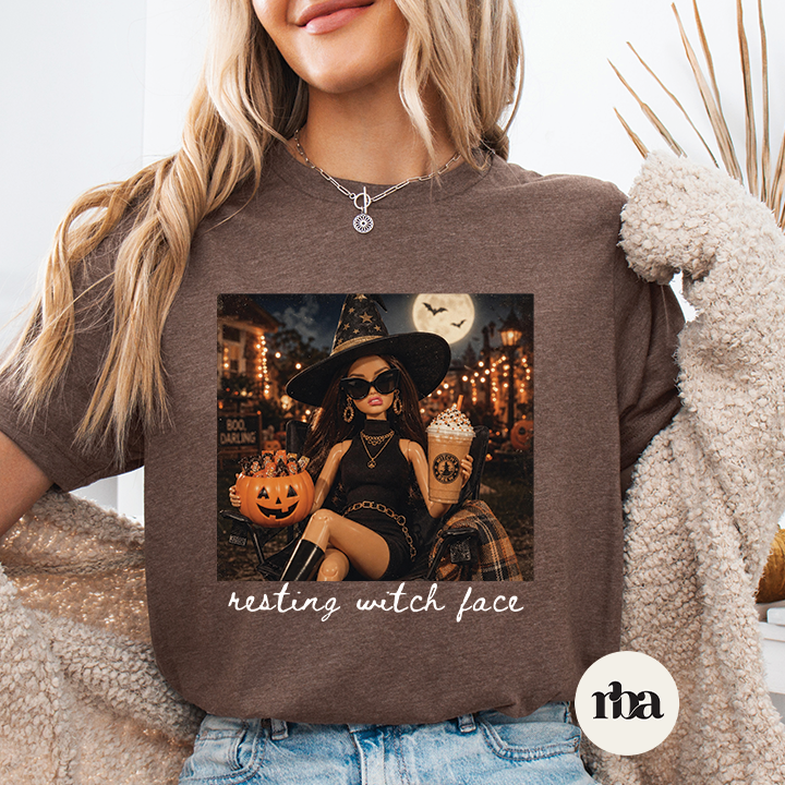 Reasting Witch Face Halloween graphic T-shirt mockup.