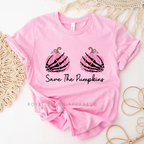 Save The Pumpkins fall graphic T-shirt mockup.