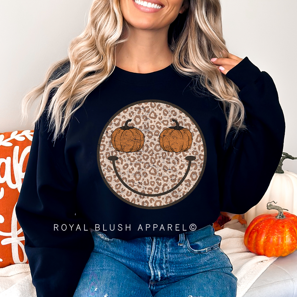 Leopard Smiley Pumpkin Sweatshirt Fall graphic Sweatshirt mockup.