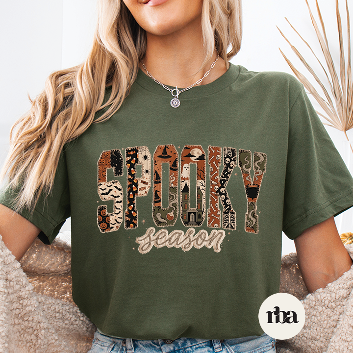 Faux Patch Spooky Season Halloween graphic T-shirt mockup.