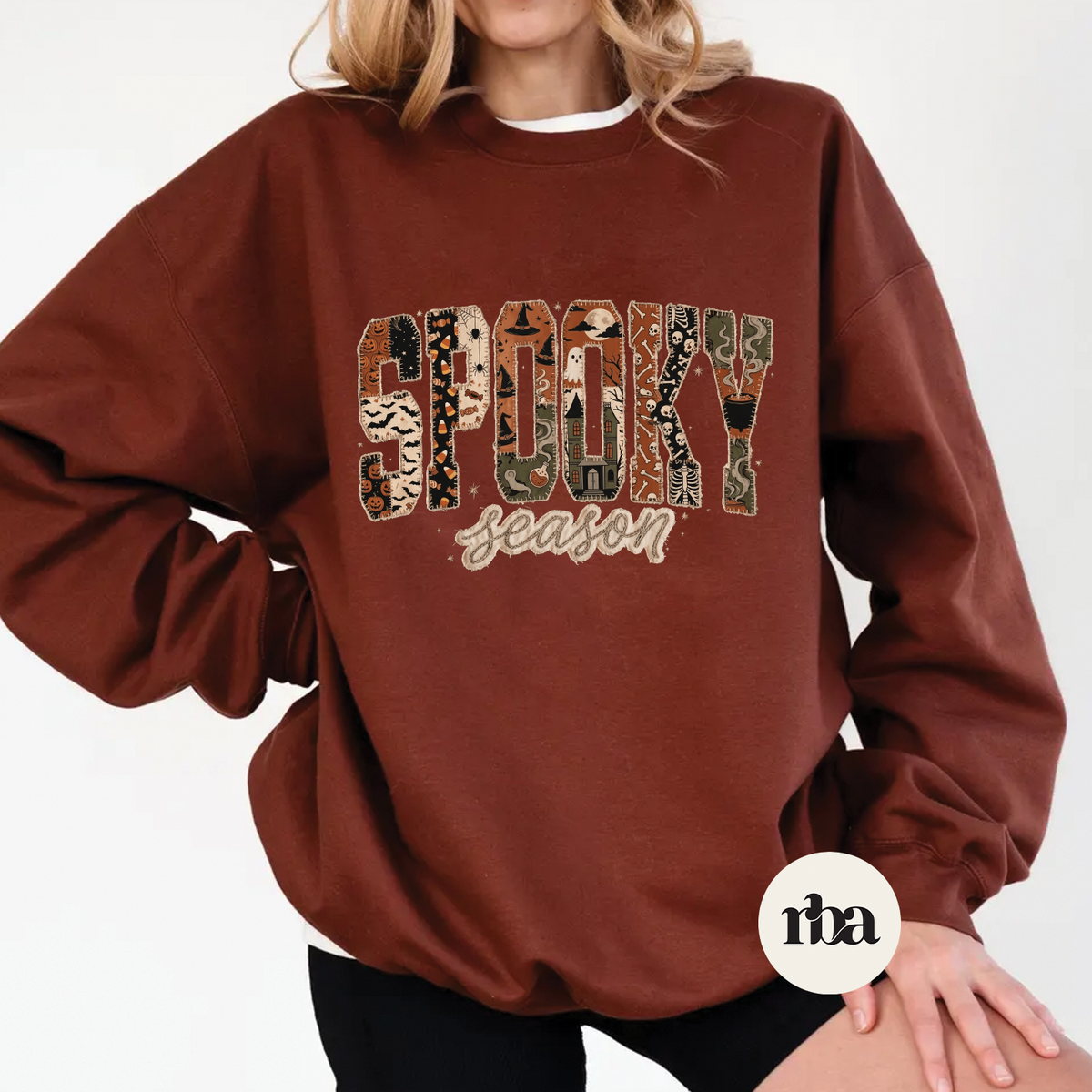 Spooky Season Faux Patch Sweatshirt mockup.
