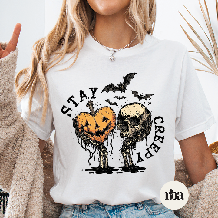 Stay Creepy Halloween graphic T-shirt mockup.