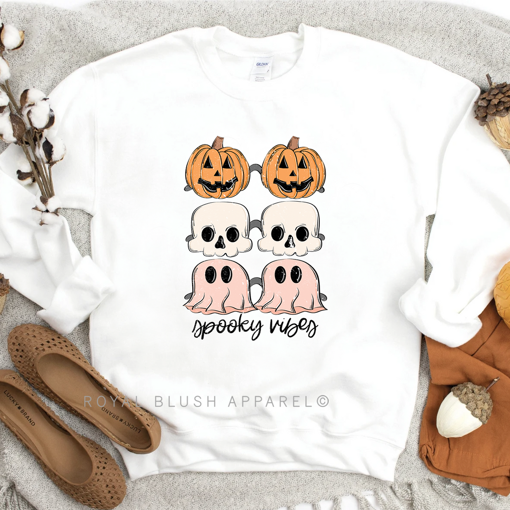 Sunglasses Spooky Vibes Sweatshirt Halloween graphic Sweatshirt mockup.