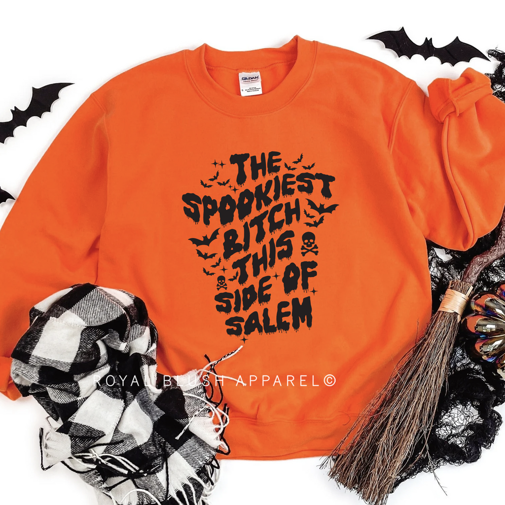 The Spookiest Bitch This Side Of Salem Sweatshirt Halloween graphic Sweatshirt mockup.