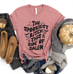 The Spookiest Bitch This Side Of Salem Halloween graphic T-shirt mockup.